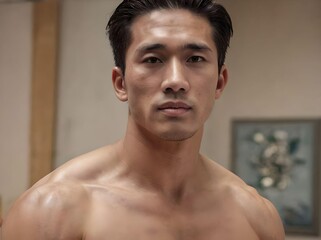 Headshot Portrait of Young Handsome Shirtless and Muscular Asian Man in The Room with Painting in The Background