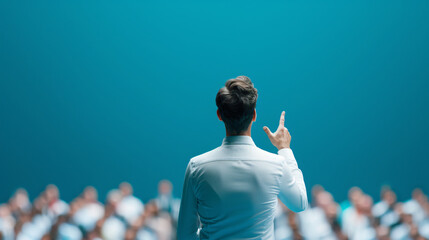 A male speaker addresses a large audience, pointing upwards with her right hand. The backdrop is a vibrant blue.