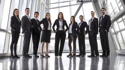 A group of business professionals stand in a modern office building.