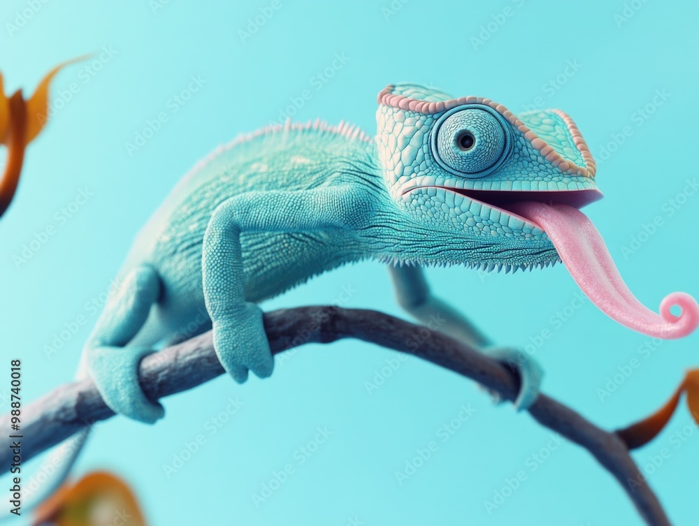 Poster vibrant lizard with open beak on tree branch. tongue sticking out.