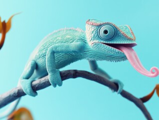 Fototapeta premium Vibrant lizard with open beak on tree branch. Tongue sticking out.