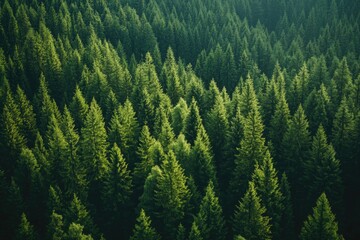 A dense forest of green pine trees in the sunlight.