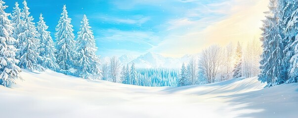 Beautiful winter landscape with snow-covered trees under a clear blue sky.