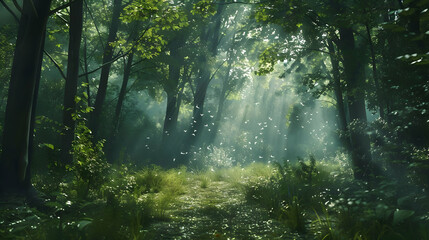 Obraz premium Sunbeams Illuminating a Lush Forest Path