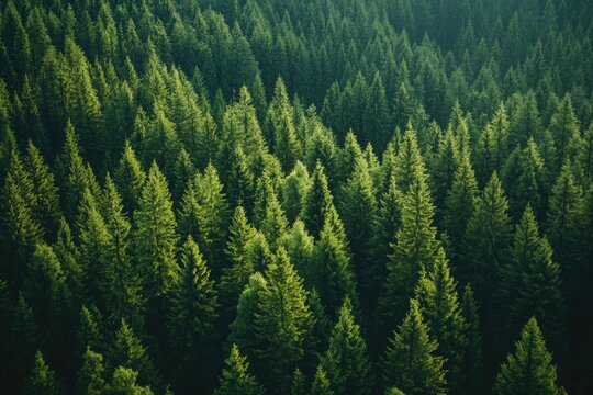 A dense forest of green pine trees in the sunlight.