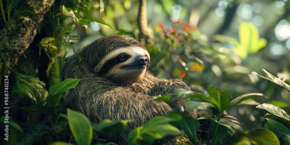 Poster a lazy sloth in its natural environment of a lush rainforest, resting high in the treetops as it con