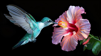 A vibrant hummingbird hovers near a delicate pink hibiscus flower against a dark background.