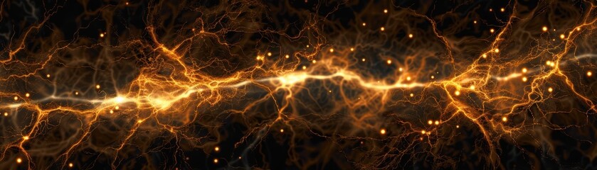Naklejka premium A stunning cosmic scene showcasing golden, luminous energy streams against a dark backdrop, suggesting a connection between the universe and network structures.