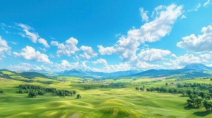 Obraz premium Vast green landscape under blue sky with fluffy clouds, serene nature view, peaceful outdoor scene.