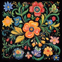 Colorful Folk Art Flowers on Black Background.