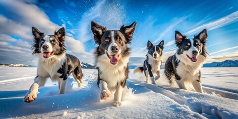 Naklejka premium Joyful Border Collies romp through a stunning snowy scene, their energy electrifying the air beneath the bright blue