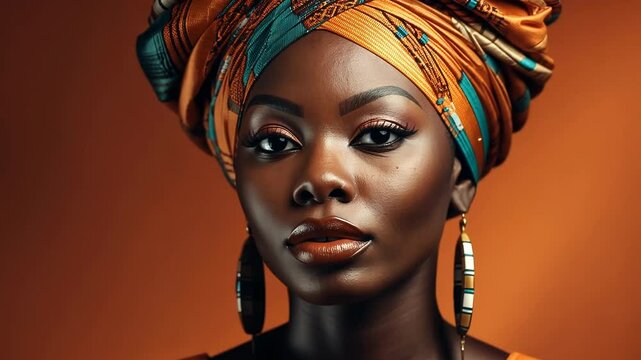 Portrait of elegant African woman with colorful head wrap and earrings, warm orange background. Beautiful black female model with flawless skin and confident gaze. Cultural fashion and beauty concept 