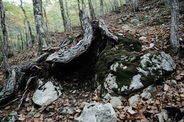 Mossy Tree Roots and Stones in Autumn Forest