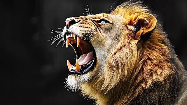 Close-up of a roaring lion with bared teeth, showcasing the power, strength, and majesty of wildlife in the animal kingdom.

