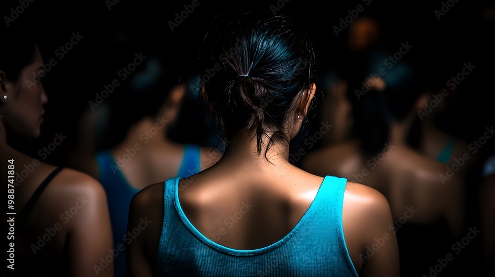 Wall mural back of a woman in a blue tank top