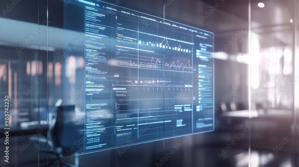 Poster modern office with digital interface displaying data analytics and trends during nighttime