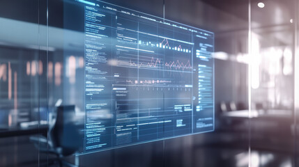 Modern office with digital interface displaying data analytics and trends during nighttime