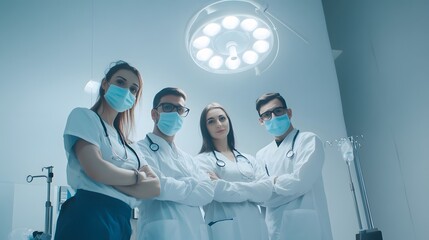 A team of four medical professionals stand in a sterile operating room, ready for surgery.