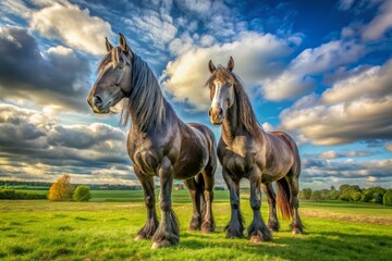 Majestic Percheron horses stand proudly in a tranquil pasture, embodying strength and elegance with their powerful