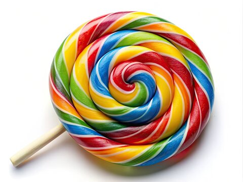 Colorful, swirly lollipop with bright red, yellow, green, and blue stripes on a white background