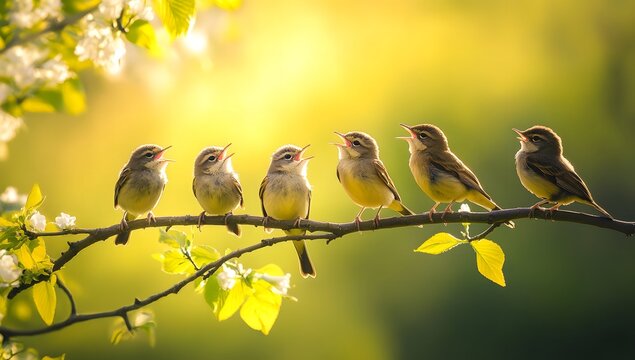 Small Birds Perched on a Branch in Spring