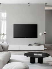 A modern minimalist living room featuring sleek design with large flat screen TV mounted on light gray wall. space includes white low profile media console, round black coffee table, and cozy sofa, cr