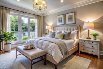 Fototapeta premium Cozy white linens, soft pillows, and a serene ambiance create a tranquil bedroom sanctuary.