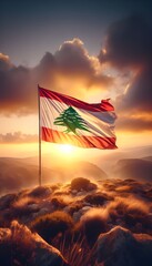 Lebanese flag waving in the green fields of Lebanon 