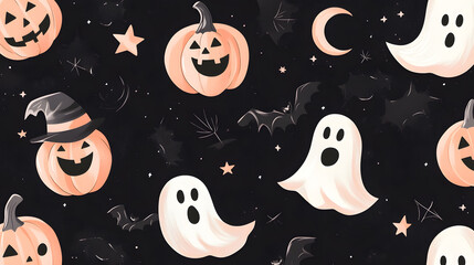 Kawaii Halloween: Cute Pumpkins, Ghosts, Bats & Cats with Colorful Backgrounds
