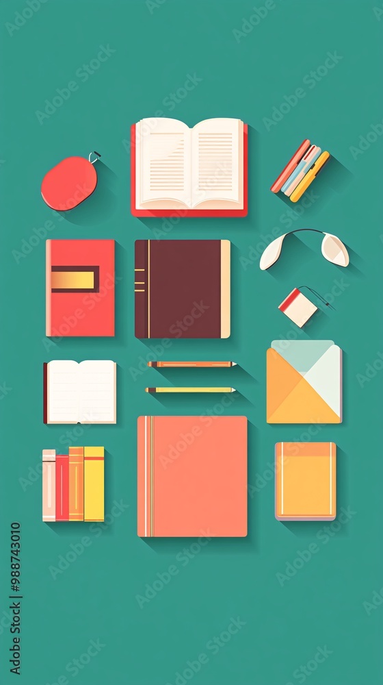 Poster flat design of a student's desk with books, pencils, a computer mouse and an envelope on a teal back