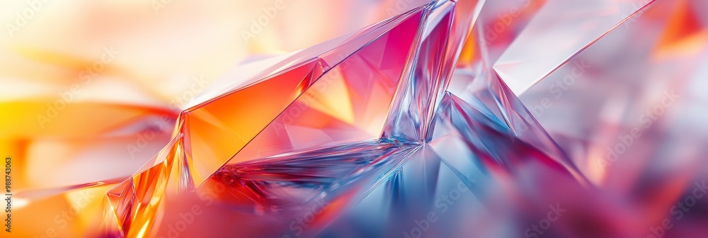 Poster geometric form with vivid color fusion, a sharp-edged shape enveloped in a dynamic blend of soft and