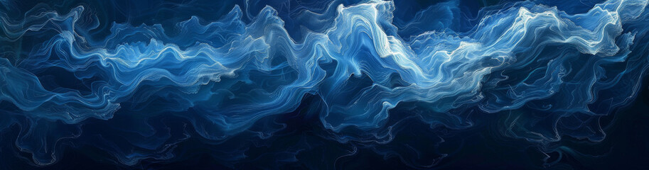 A mesmerizing display of bright blue flowing smoke on dark background creates captivating visual experience. ethereal movement evokes sense of tranquility and depth