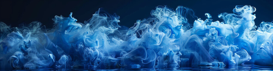 A mesmerizing display of bright blue flowing smoke creates an ethereal atmosphere against dark background, evoking sense of mystery and tranquility