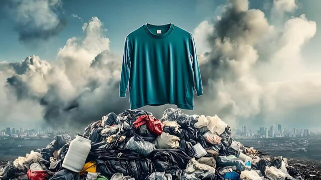 Discarded clothing pile in a landfill under a polluted sky, highlighting textile waste, environmental impact, and sustainability issues.


