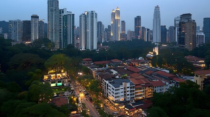 Naklejka premium Cityscape with skyscrapers lush green trees and street lights at dusk