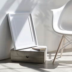 A close up photo of an empty picture frame leaning against concrete block, with stylish chair nearby. soft light creates serene atmosphere, perfect for modern decor