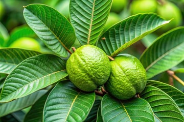 Fototapeta premium Deep green guava leaves unfurl, their serrated edges and delicate veins illuminating the nuances of nature's intricacy.