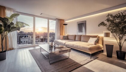 Versatile living room with a fold-out sofa bed and modular furniture in a small urban apartment