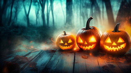 Carved pumpkins on ground, dark forest backdrop. Halloween night with spooky mood, lit by jack-o'-lanterns.