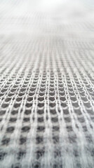 A close up shot of fabric weave mesh structure, showcasing intricate patterns and textures in white. delicate design evokes sense of elegance and craftsmanship