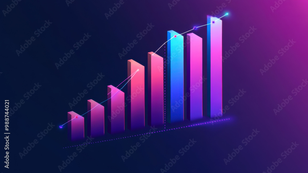 Poster colorful data visualization depicting financial trends with bar graphs and line charts illustrating 
