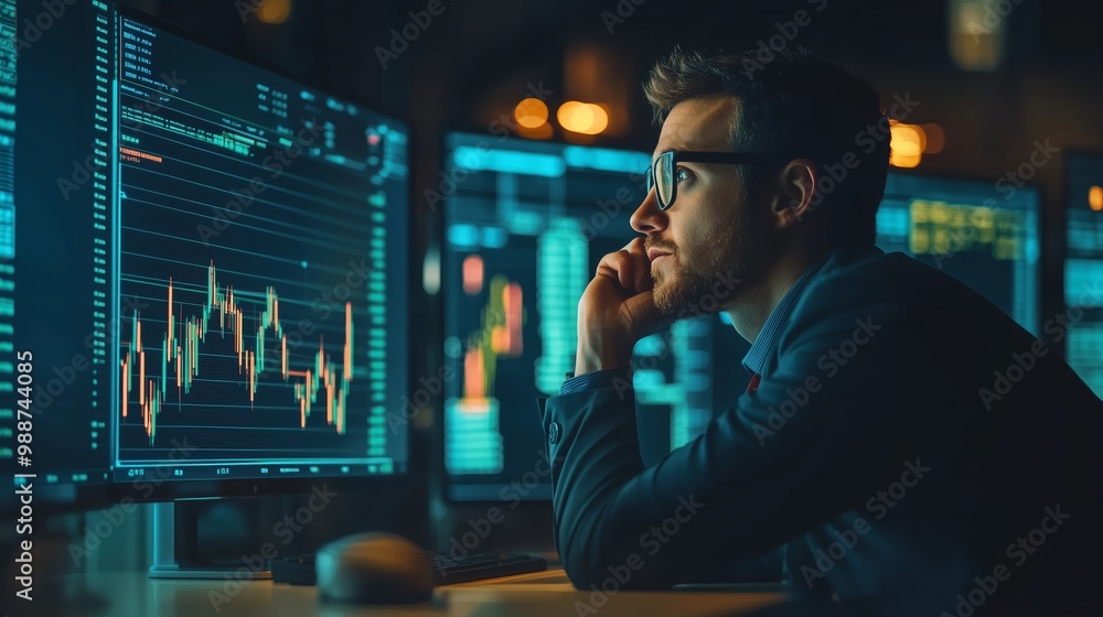Aufkleber a focused trader analyzing stock market trends in a dimly lit trading room late at night using multi