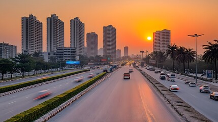 Cityscape with Sunset  Highway  and Traffic