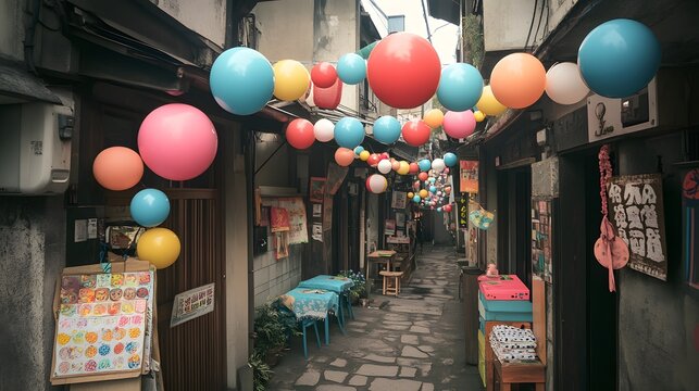 Colorful Balloons Decorate Narrow Alleyway in Asian City