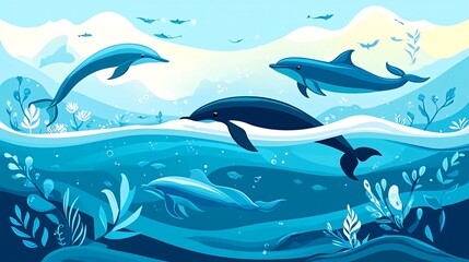 Obraz premium Four playful dolphins leap and swim in a vibrant blue ocean, surrounded by underwater flora and fauna.