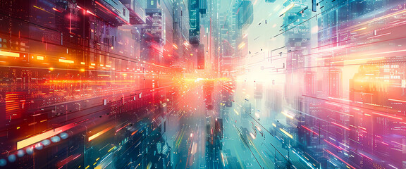Obraz premium Futuristic Cityscape in Vivid Cyberpunk Colors, Advanced Infrastructure in Outer Galaxy