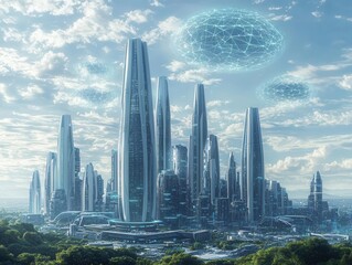Panoramic view of the smart city of the future with towering buildings, generative AI