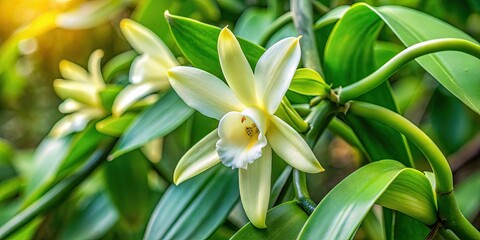 Fototapeta premium * Delicate white and green tropical vanilla orchid blooms adorn the plant's slender stems, surrounded by lush, velvety green leaves with intricate veins.