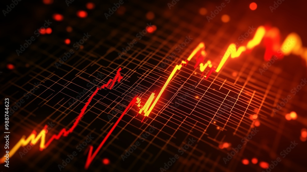 Poster dynamic financial market chart featuring upward trend with vibrant colors and gridlines representing