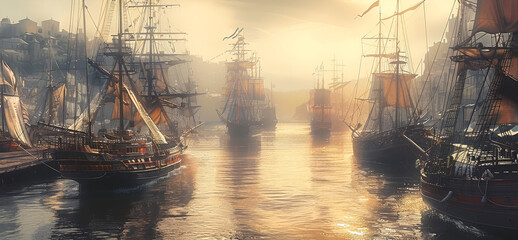 Sunlit Historical Harbor with Tall Ships at Dawn, Essential Hub of Early Global Trade